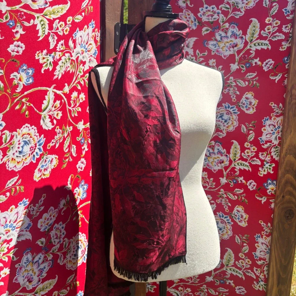 NWT Vintage Silk Blend Red+Black Romantic Goth Floral Witchy Scarf